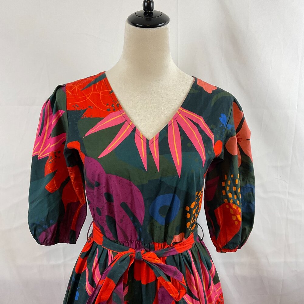 Maude Vivante Maxi Dress XS Half Sleeve Tie Waist Dark Green Pink Purple Red - Picture 2 of 15